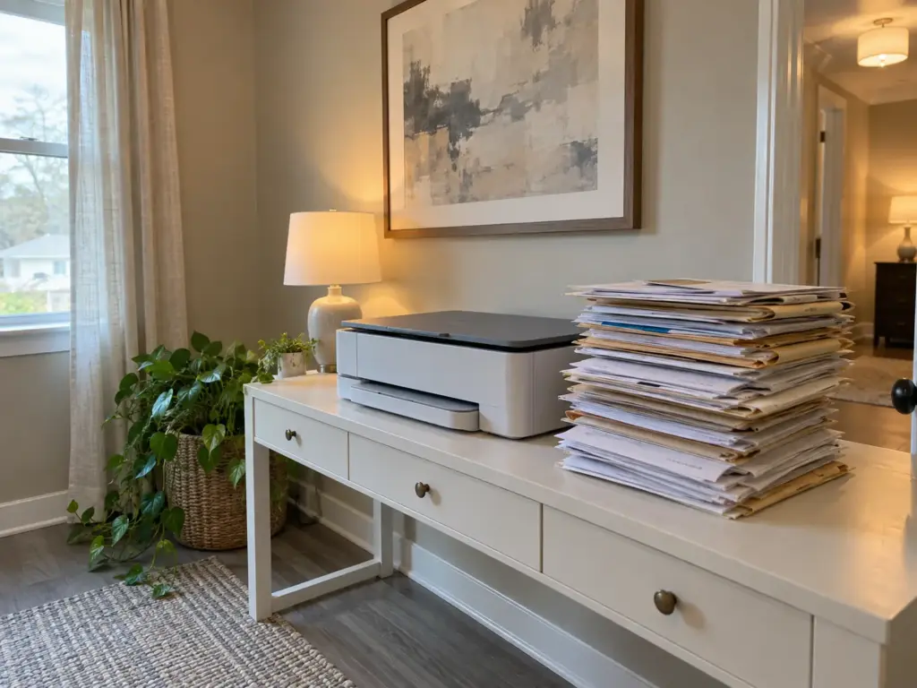Why Going Paperless at Home Fails and How to Make It Stick 1 A tall stack of unsorted paperwork beside a flatbed all-in-one scanner on a console table, the lid closed