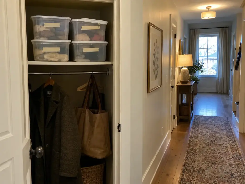 Four lidded plastic tubs stacked on a hall closet shelf, each with a strip of tape, the stuff-to-deal-with-later pile