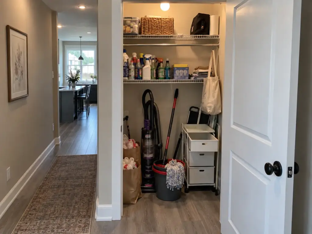 An open utility closet with a mop bucket, vacuum, bags of plastic bags and a half-empty rolling cart crowding the floor