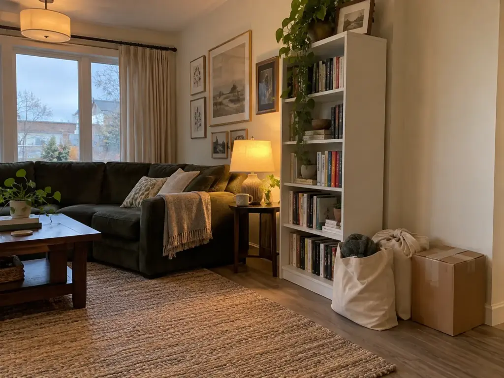 Two tied tote bags and a taped box wait in a living room corner beside a bookcase, the pile of a finished declutter