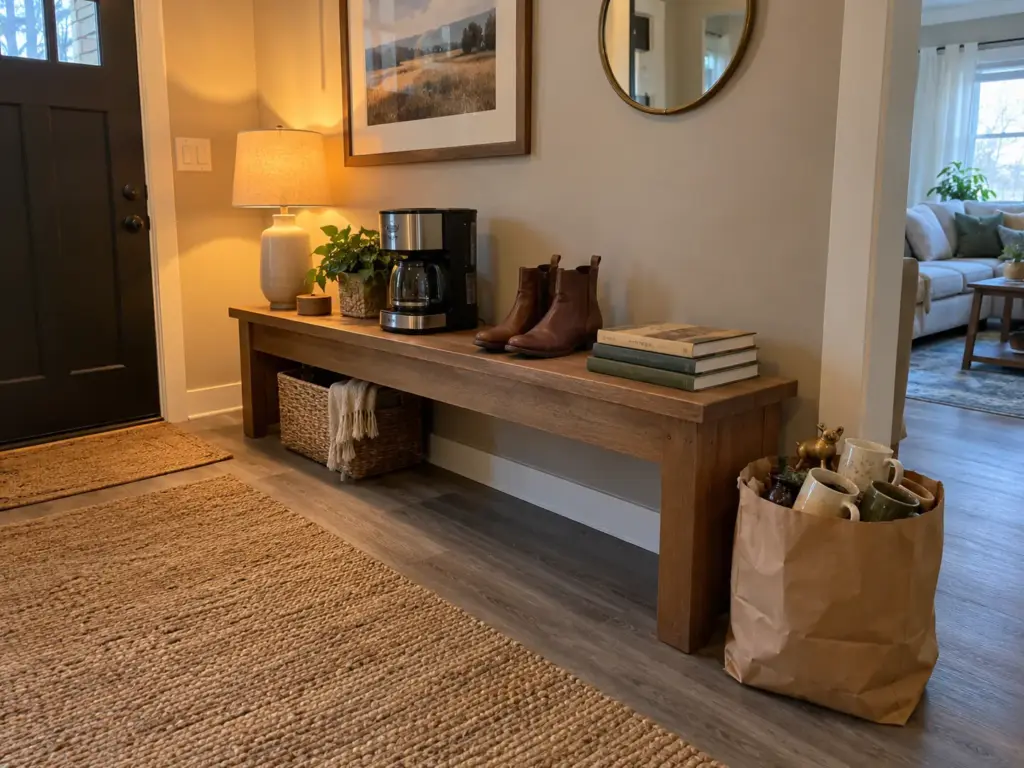A coffee maker, boots and cookbooks on an entry bench, a bag of mugs and knickknacks set apart on the floor