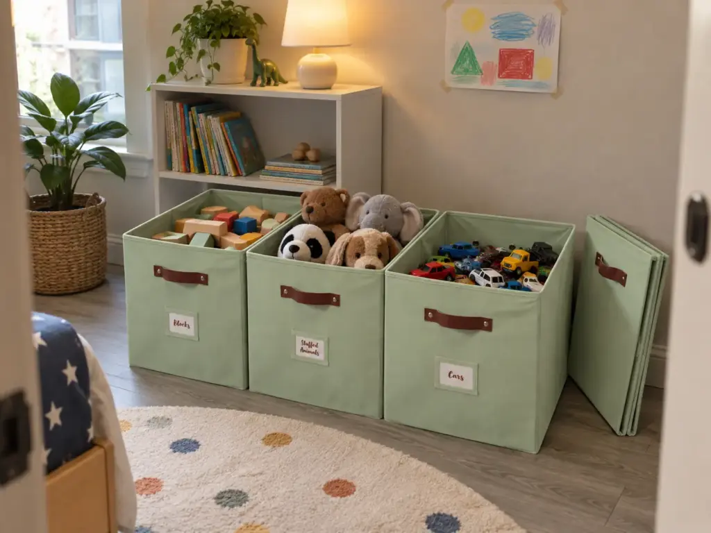 Three fabric storage bins on a bedroom floor hold sorted toys, with a flattened bin leaning against the wall