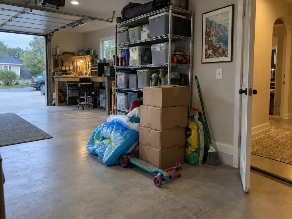 Cardboard cartons, a soil bag and a scooter collected on the garage floor by the door in front of an organized shelf