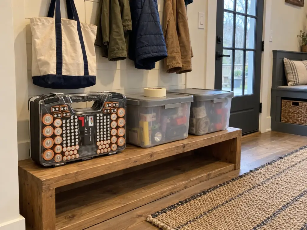 An Ontel Battery Daddy case and two lidded bins sit on a low mudroom shelf, the waiting spot for items headed to a drop-off