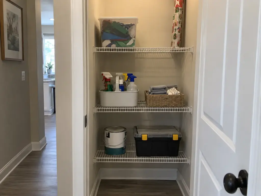 Utility closet wire shelves with a paint can low, cleaners at hand height and one light bin on the top shelf