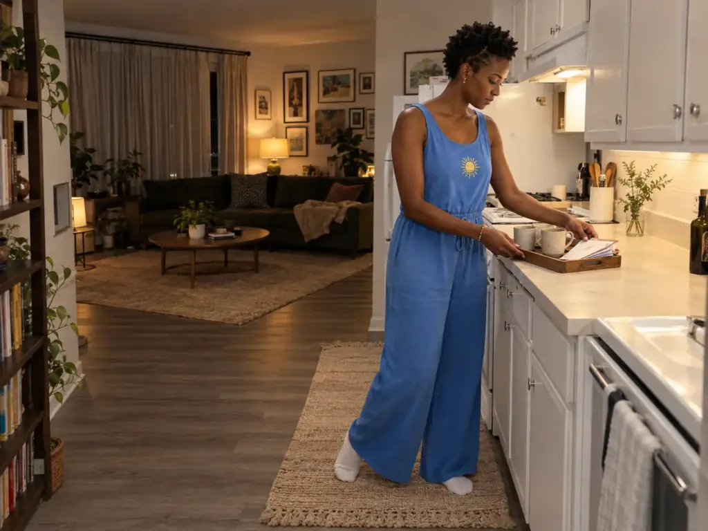 A woman gathers mugs and mail from a kitchen counter onto a small tray at day's end, the living room behind her clear