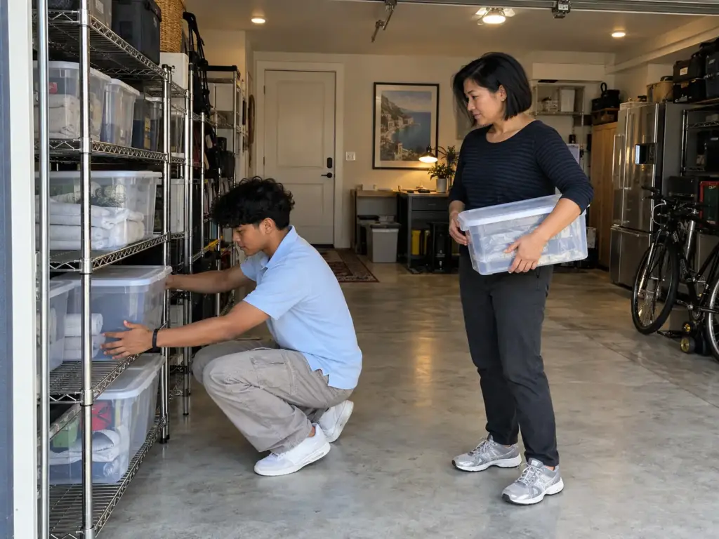 Teenage boy and his mother putting lidded bins back on garage shelves during a monthly reset