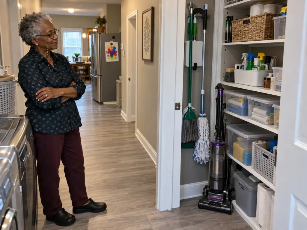 A woman in her seventies stands in the hallway looking at her finished, organized utility closet