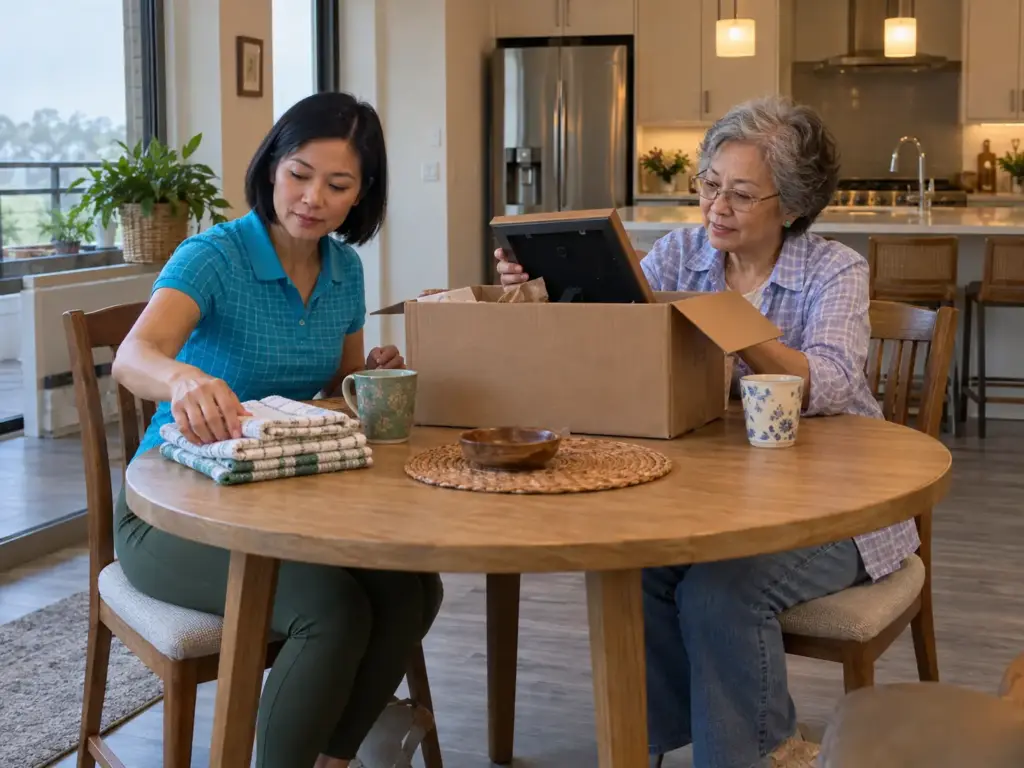 A woman and her mother sit at a dining table sorting the contents of an open moving box together