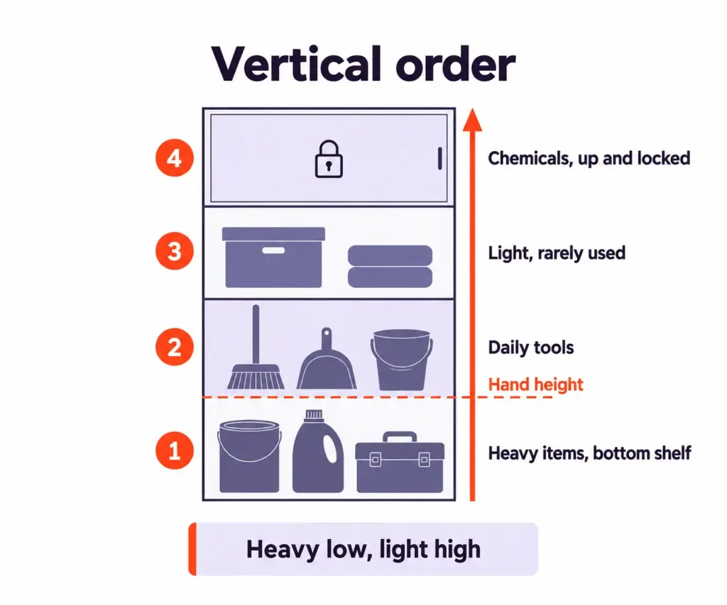 Closet side view in four bands: heavy items low, daily tools at hand height, light items higher, locked chemicals on top