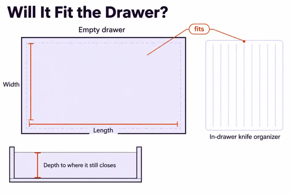 Top-down diagram of an empty drawer with length, width and depth marked, beside a knife organizer drawn to scale