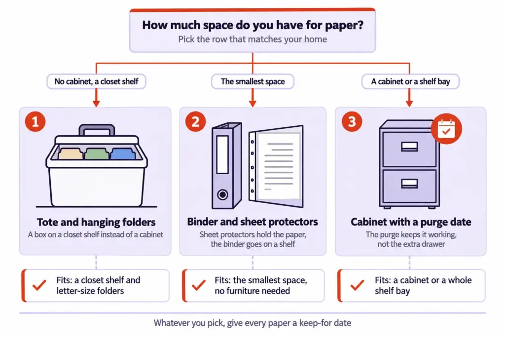 Decision chart matching your space to a filing setup: tote, binder with sheet protectors, or cabinet with a purge date