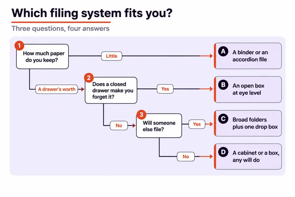 Best Filing Systems for Home Compared by Where They Break 6 Decision tree with three questions leading to four filing choices: binder, open box, broad folders, or cabinet or box