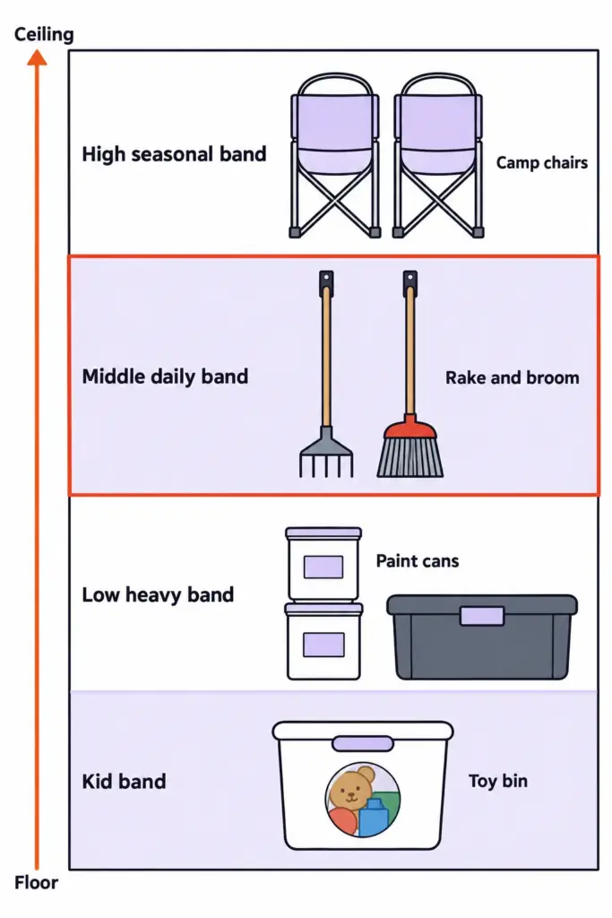Floor-to-ceiling wall chart with four bands: kid, low heavy, middle daily and high seasonal, each with example items
