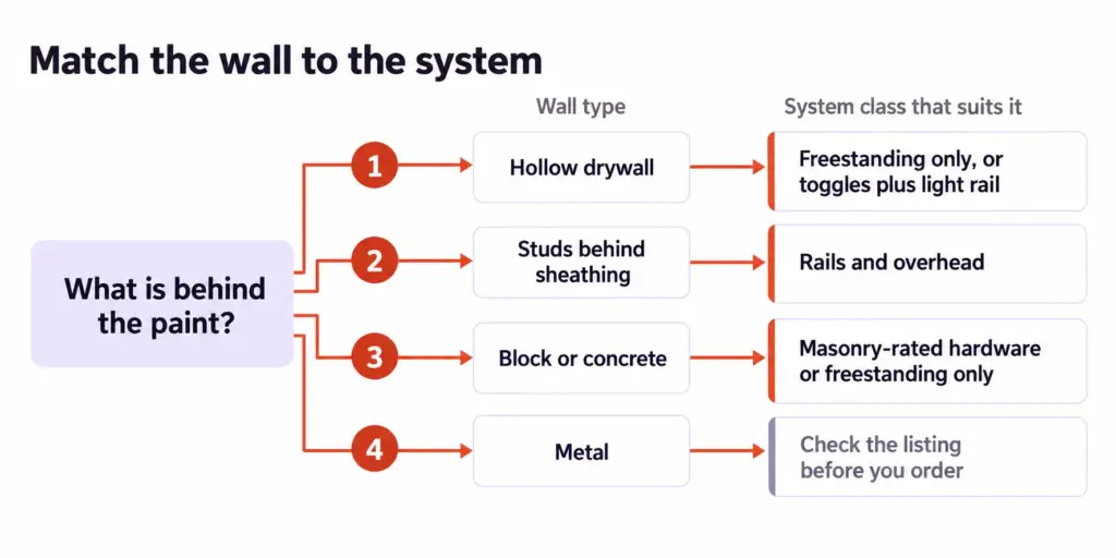 Best Garage Storage Systems by What You Actually Store 8 Decision tree matching the wall behind the paint to the garage storage system class that survives it