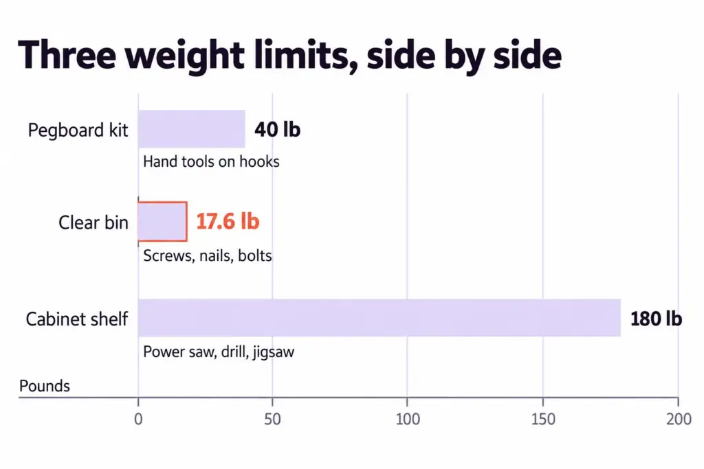 7 Garage Tool Organization Ideas That Fit Each Tool 8 Bar chart comparing the weight limits of a pegboard kit, a clear bin and a cabinet shelf, with example tools each one holds