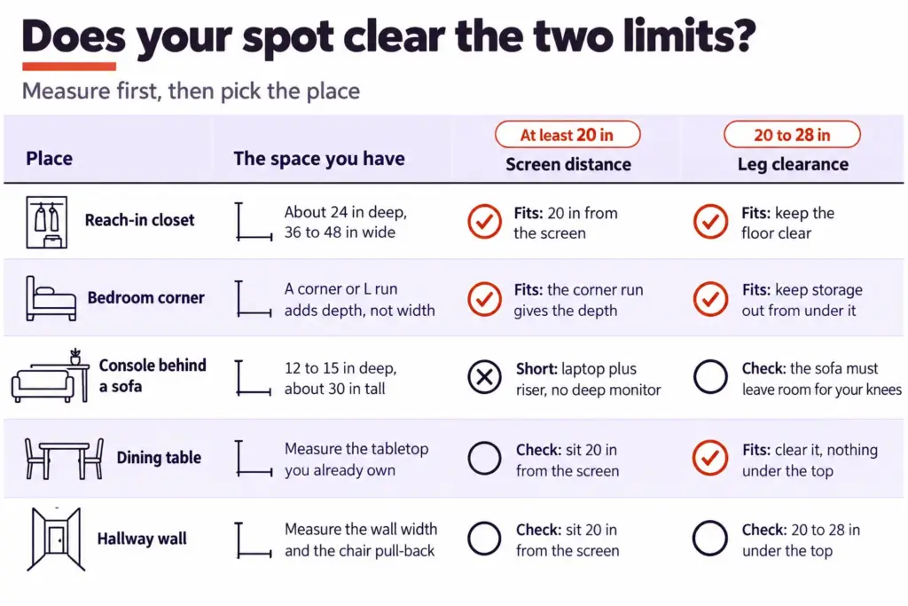 Size-and-fit chart of five small home office spots against the 20-inch screen distance and 20-28 inch leg clearance