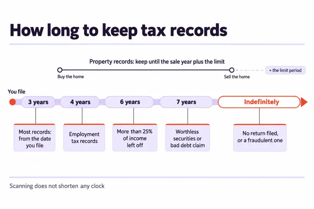 Why Going Paperless at Home Fails and How to Make It Stick 8 Horizontal timeline of IRS record-keeping clocks: 3, 4, 6, 7 years and indefinitely, each with its trigger, plus property records