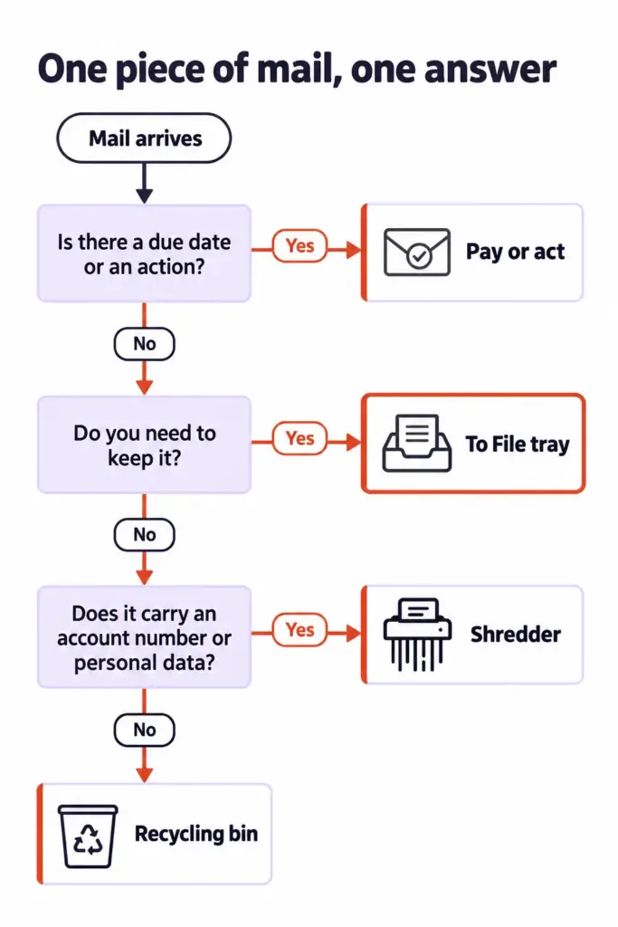 Mail Piling Up Again? A Mail Organization System That Holds 8 Decision tree sorting one piece of mail into pay or act, To File tray, shredder or recycling bin with three yes/no questions