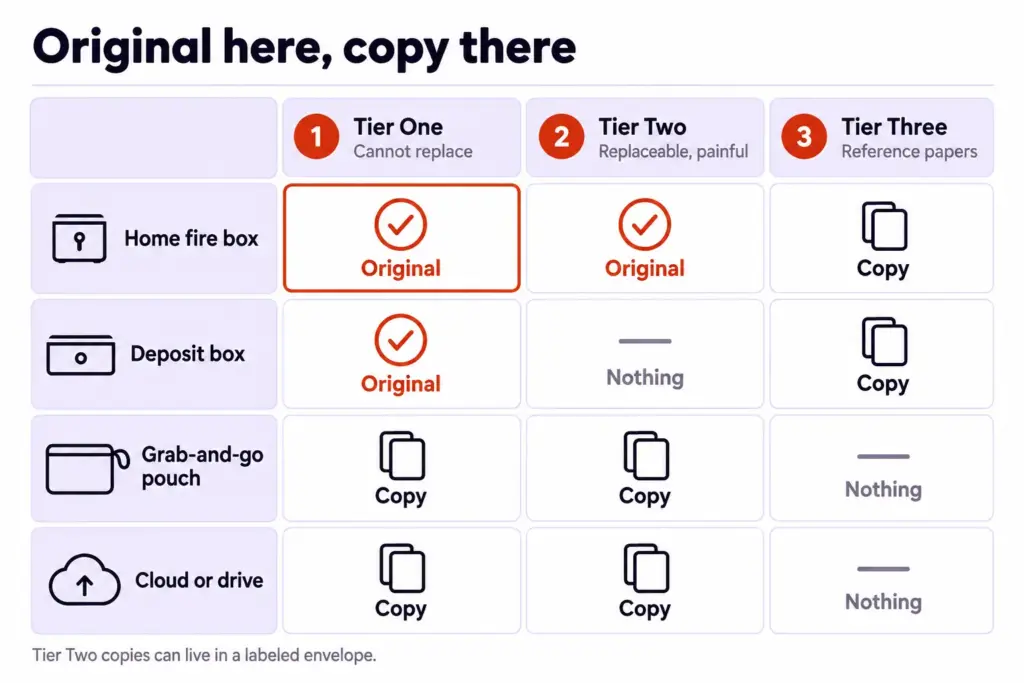 Decision chart showing which papers stay originals or copies in a fire box, deposit box, grab-and-go pouch and cloud