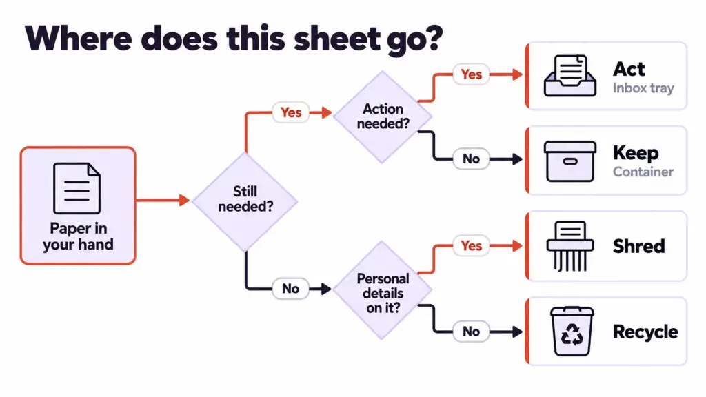 How to Organize Paper Clutter and Stop It Coming Back 5 Decision tree for paper clutter sending each sheet to recycle, shred, act or keep after two yes/no questions