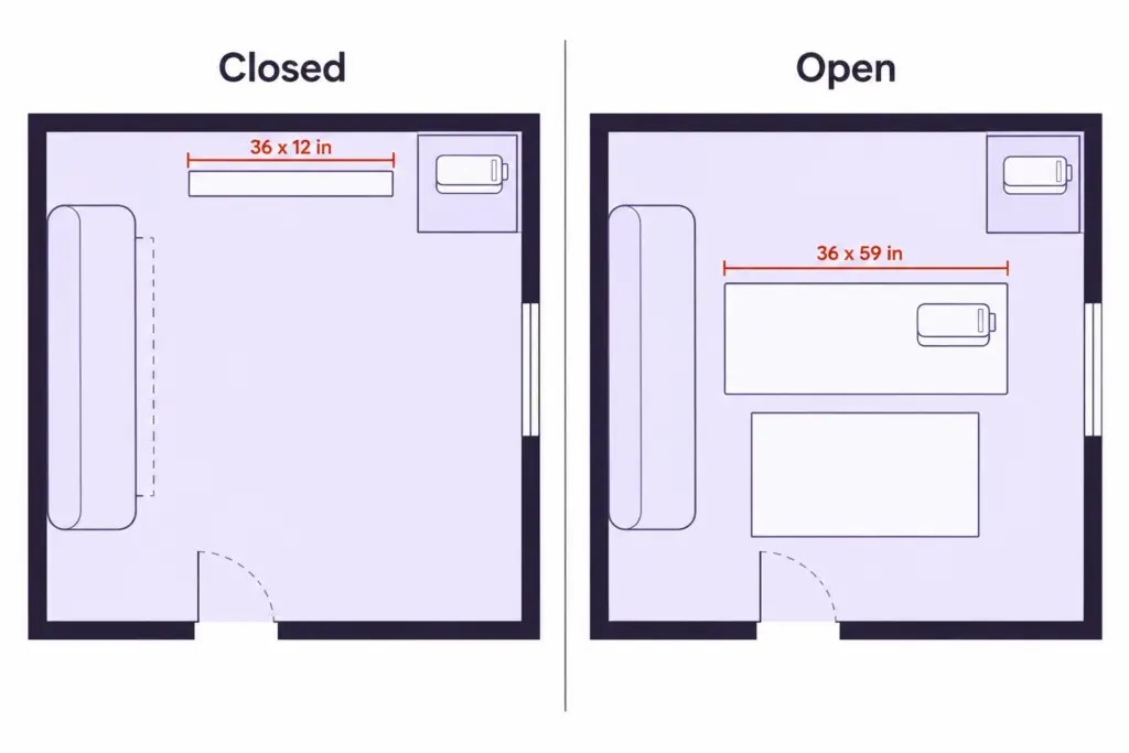 Sewing Room Organization That Sewists Actually Keep Up 8 Floor plan of one spare room closed and open, showing a folding table at 36 x 12 in closed and 36 x 59 in open
