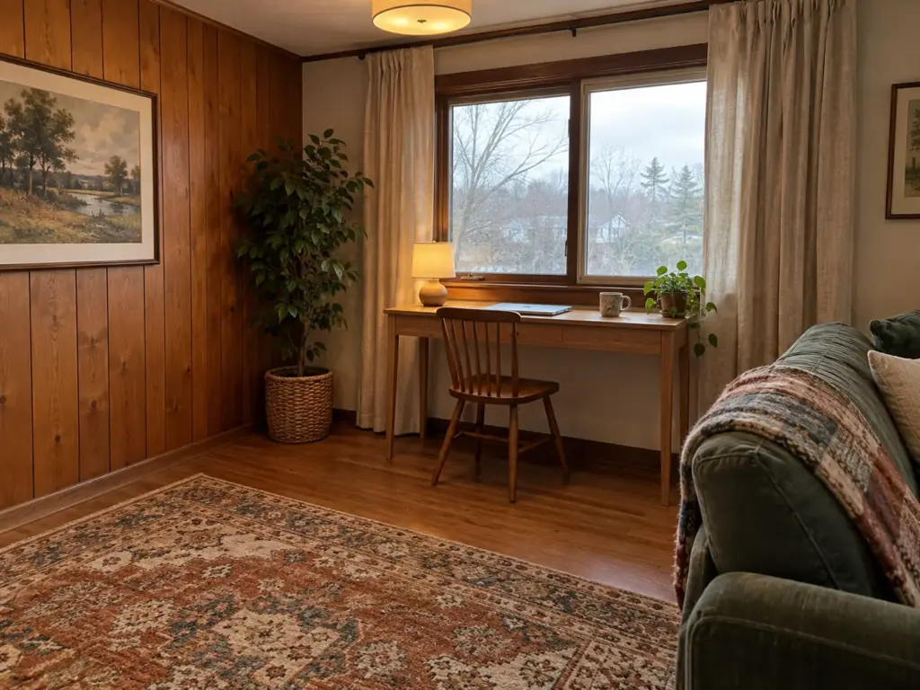 Slim desk under a window in a living room corner with the chair pushed in and a lamp switched on