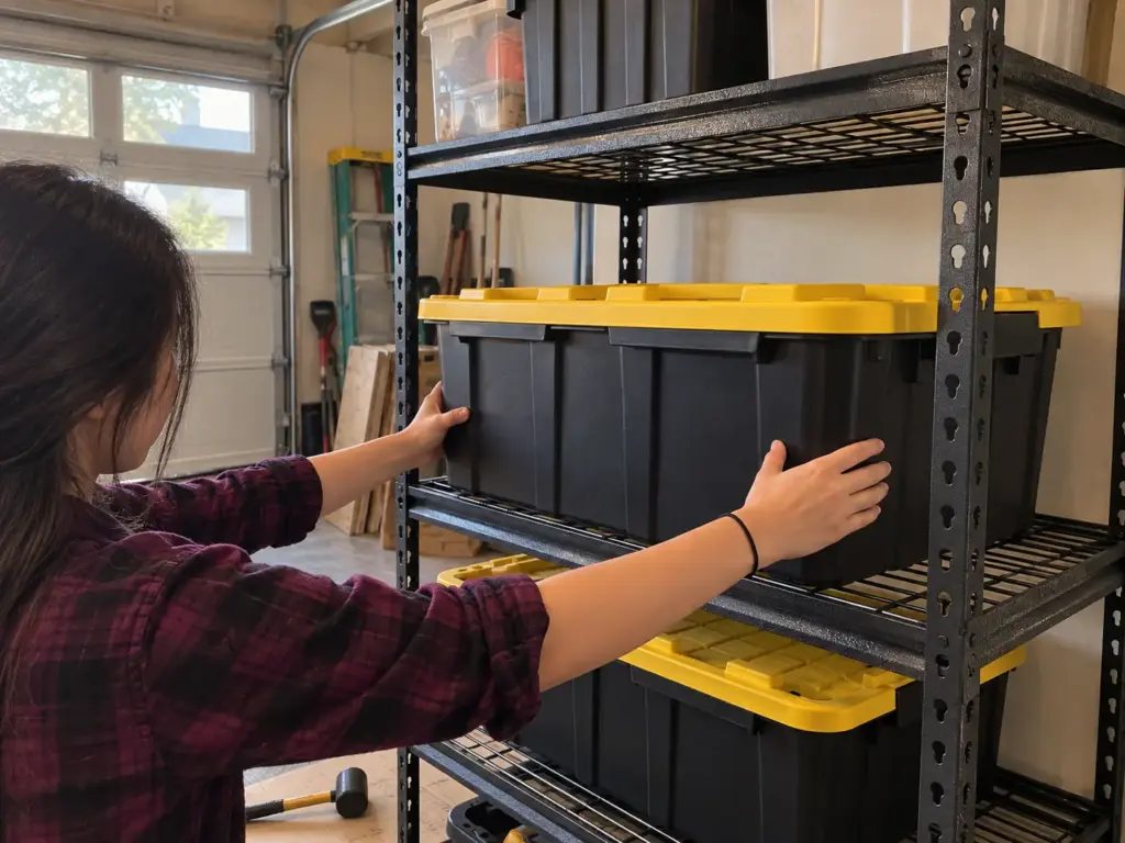 A girl's hands slide a lidded storage tote long side out onto a deep WorkPro steel shelf with room to spare at the front