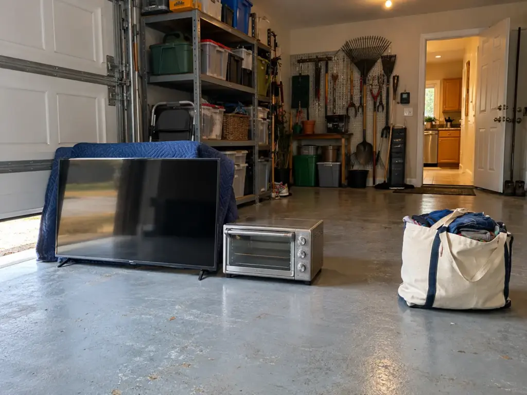 A flat-screen TV and a toaster oven set apart from a clothes tote on a garage floor, held back from the donation run