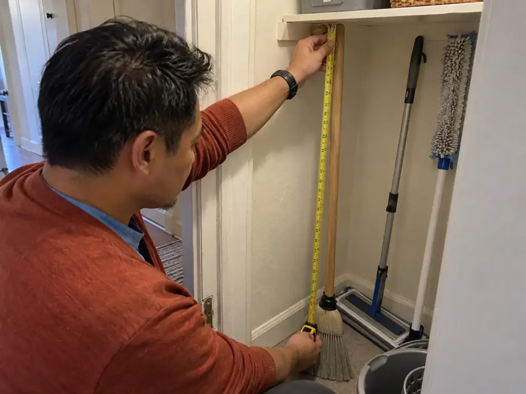 Broom Closet Organization Sized to Your Tallest Handle 2 A hand holds a yellow tape measure along an upright broom handle inside a closet, reaching toward the shelf above