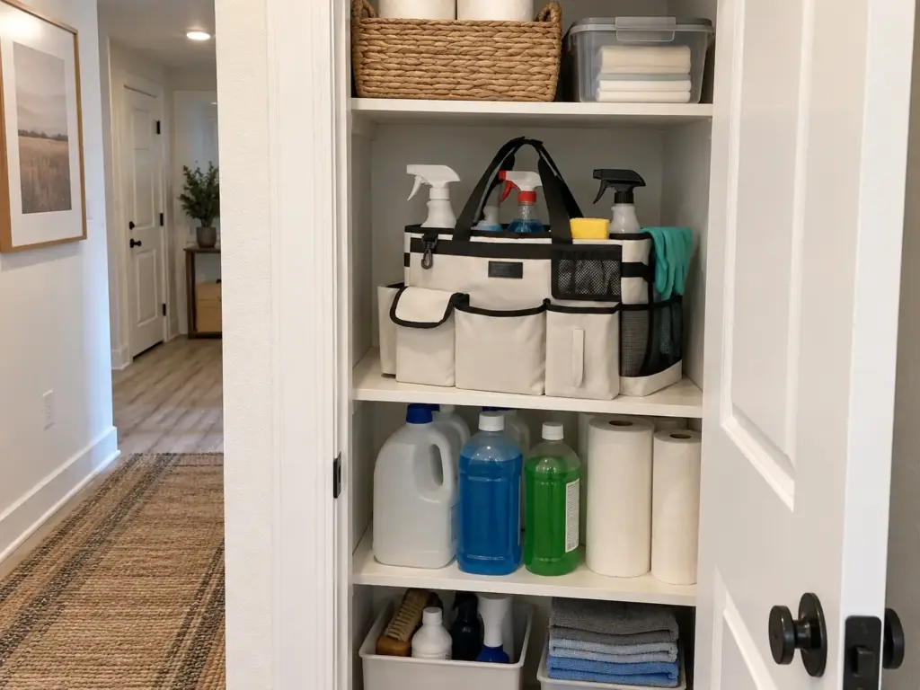 6 Cleaning Supply Organization Ideas That Stop Rebuying 2 A cleaning caddy with a carry handle holding spray bottles and gloves on the eye-level shelf of a tidy utility closet