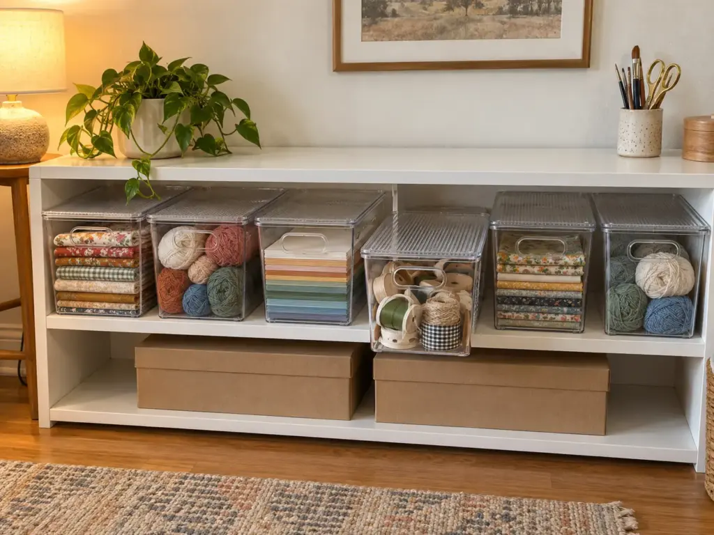 Shelf of clear lidded stackable bins holding fabric, yarn and paper, one bin pulled halfway out