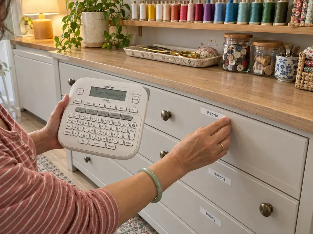 Hands pressing a printed label onto a closed craft dresser drawer beneath an open shelf of thread spools sorted by color