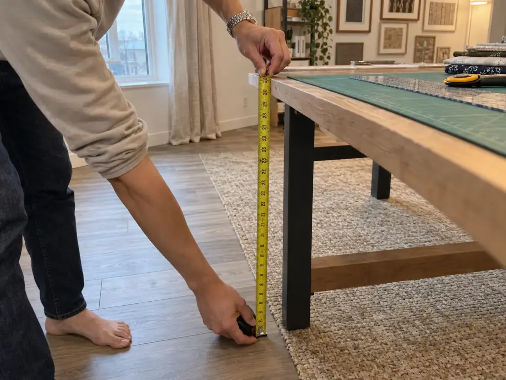 Sewing Room Organization That Sewists Actually Keep Up 2 Hands holding a yellow tape measure from the floor to a cutting table edge to check the table height