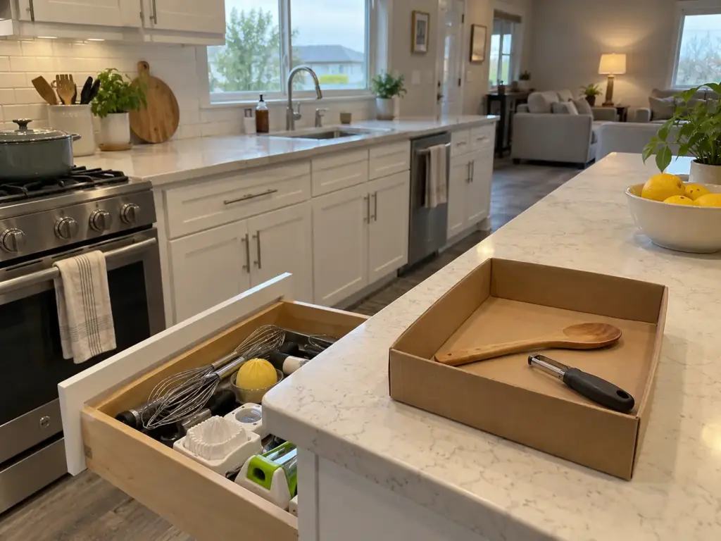 A cardboard box on a kitchen counter holds only a wooden spoon and a peeler, while the gadget drawer behind it stands open