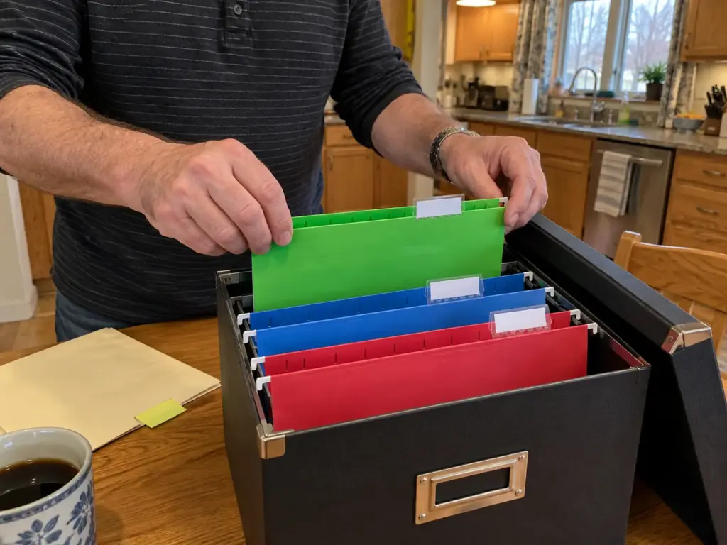 A man's hands slot a hanging file folder into a lidded box beside a manila envelope with a sticky-note tab