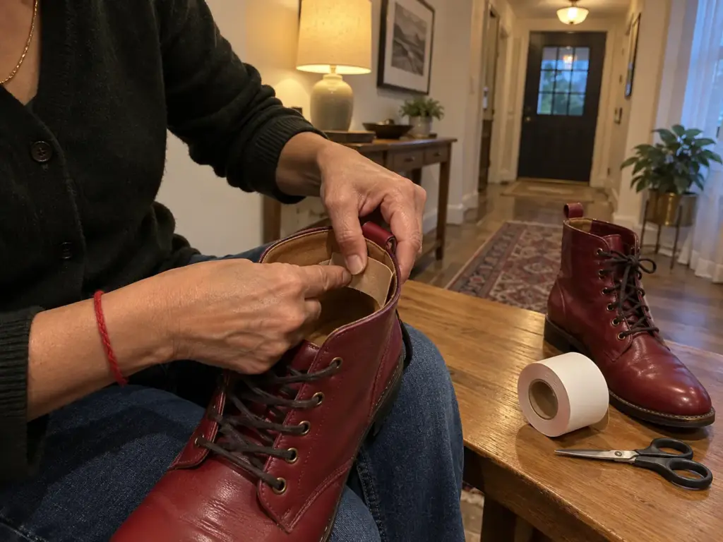 A woman's hands press a strip of moleskin onto the inner heel of a stiff leather boot before a timed wear test