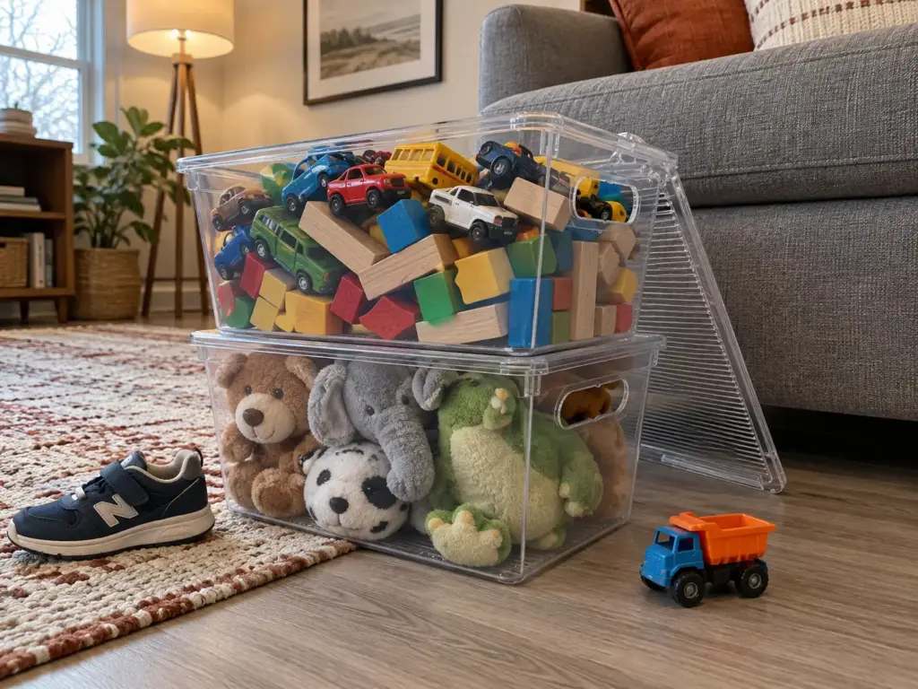 Two clear stackable lidded bins full of toy cars and blocks, with one toy truck left over beside the full bin