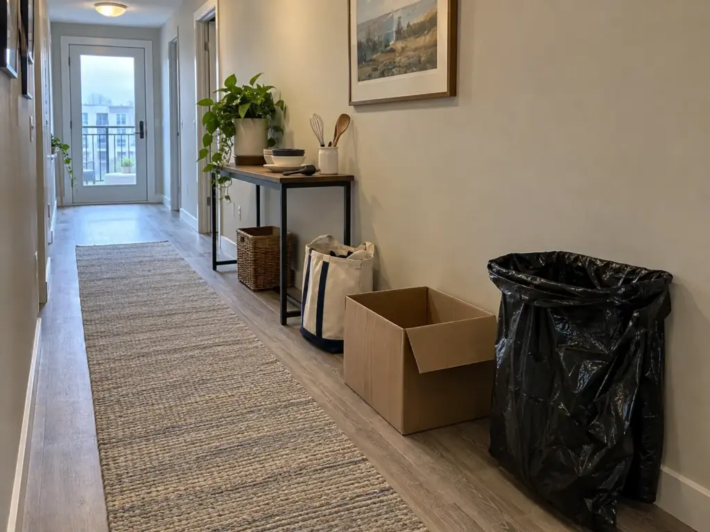An open trash bag, an open cardboard box and a canvas tote lined up along a hallway wall as sorting stations