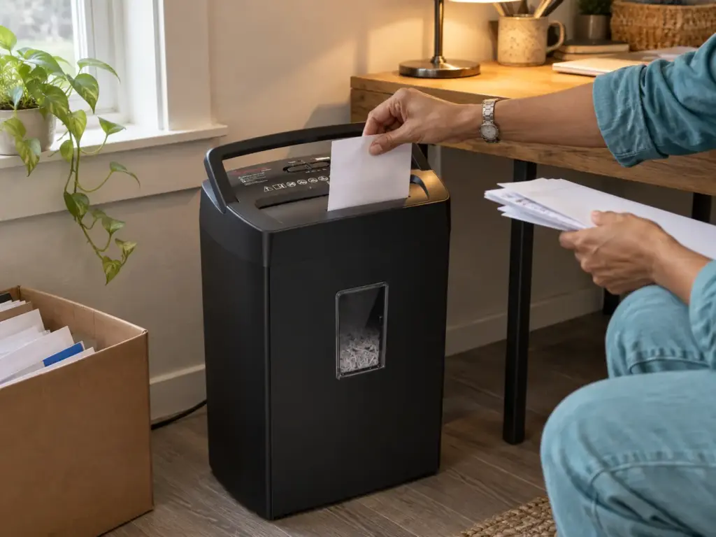 A woman's hands feeding a sheet of paper into a cross-cut shredder beside a desk in a small spare room