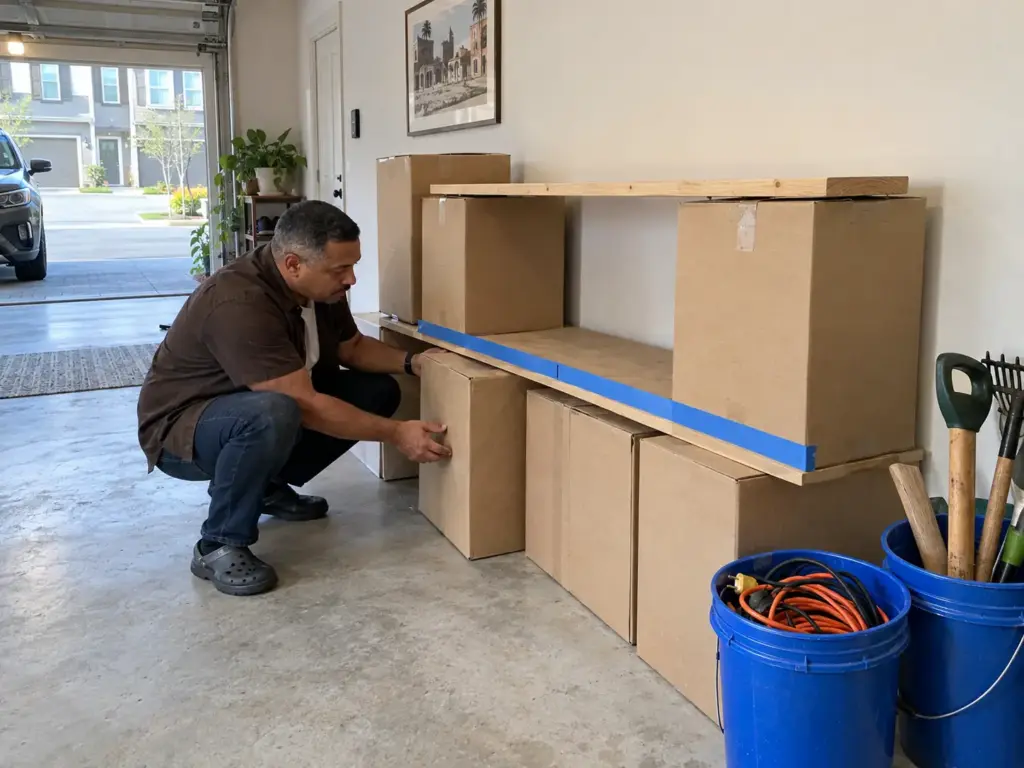 Garage Organization Ideas on a Budget, in the Right Order 2 Man arranging a cardboard-box mock shelf with a scrap plank in a garage to test a layout before buying anything