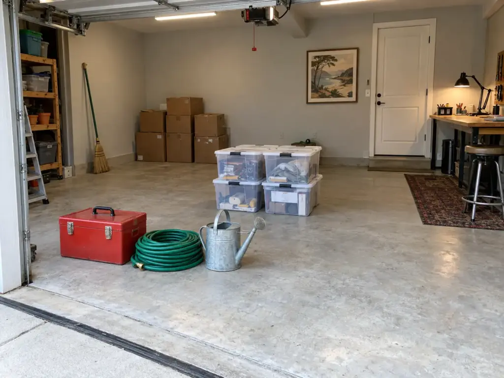 Three separate groups of garage belongings on the concrete floor sorted by how often each is used