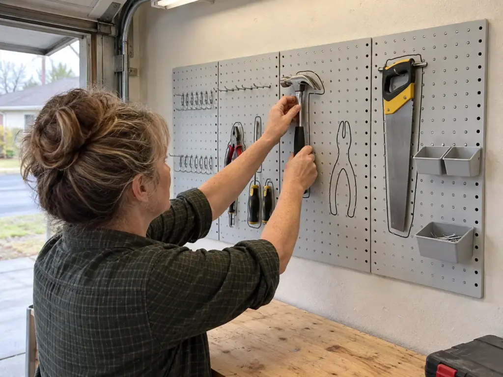 7 Garage Tool Organization Ideas That Fit Each Tool 3 A woman hangs a hammer on a grey metal pegboard with marker outlines drawn around each hand tool on a garage wall
