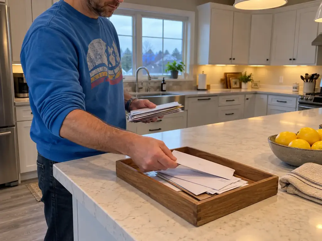 Why Going Paperless at Home Fails and How to Make It Stick 2 Man's hands placing an unopened envelope into a plain wooden tray on a quartz kitchen island, next to a bowl of lemons