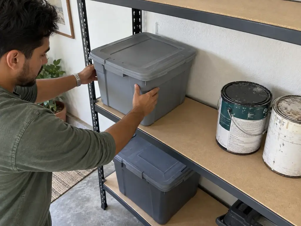 Best Garage Storage Systems by What You Actually Store 2 Hands setting a lidded tote on a waist-high steel shelf beside two paint cans, spreading the weight along the shelf