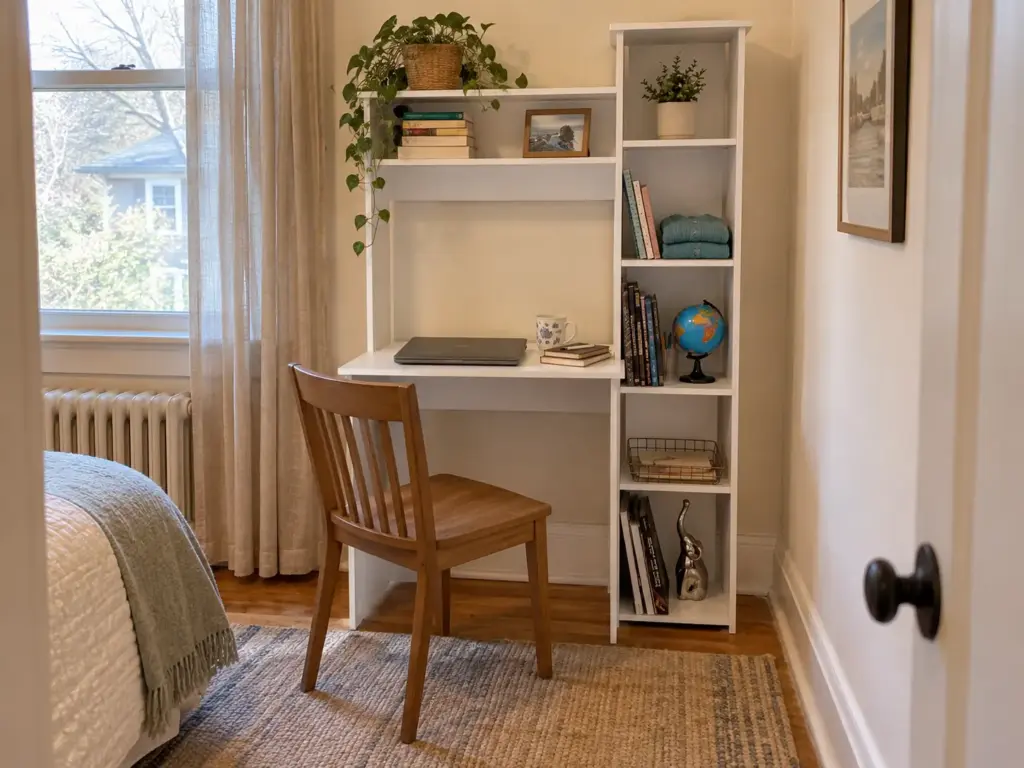 Home Office in Bedroom Ideas That Survive Week Three 3 Freestanding white desk with a hutch shelf unit against a bedroom wall, closed laptop and a mug on the desktop