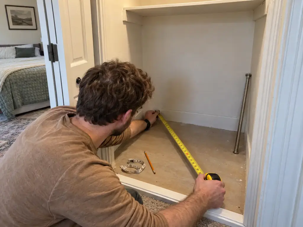 Hands holding a yellow tape measure across the depth of an empty reach-in closet shelf to size a closet home office