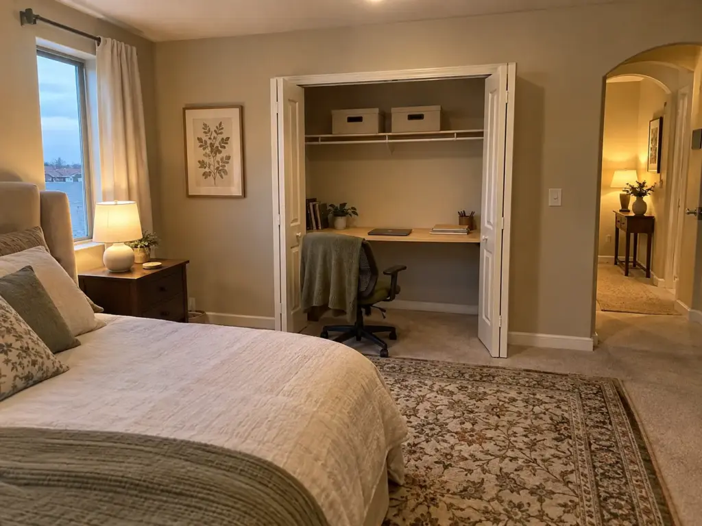 How to Create a Home Office in a Closet You'll Still Use 2 Board desk inside a reach-in closet with the office chair rolled out into the bedroom beside it
