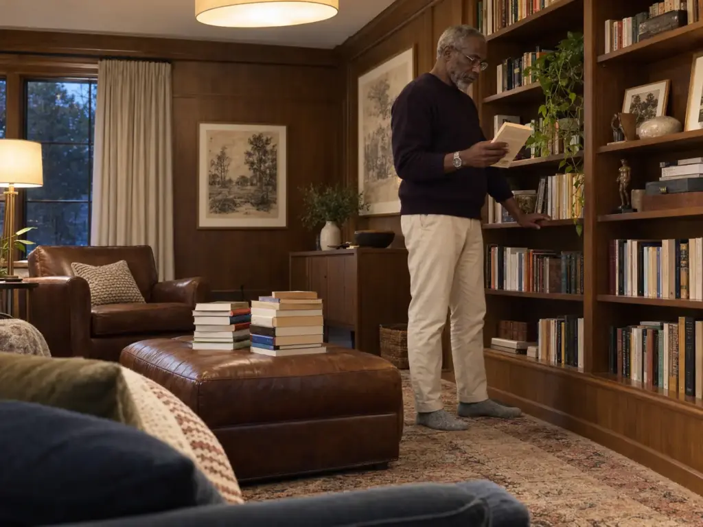 A man stands at a bookcase turning a paperback over to read its back cover, two stacks of books on the ottoman beside him