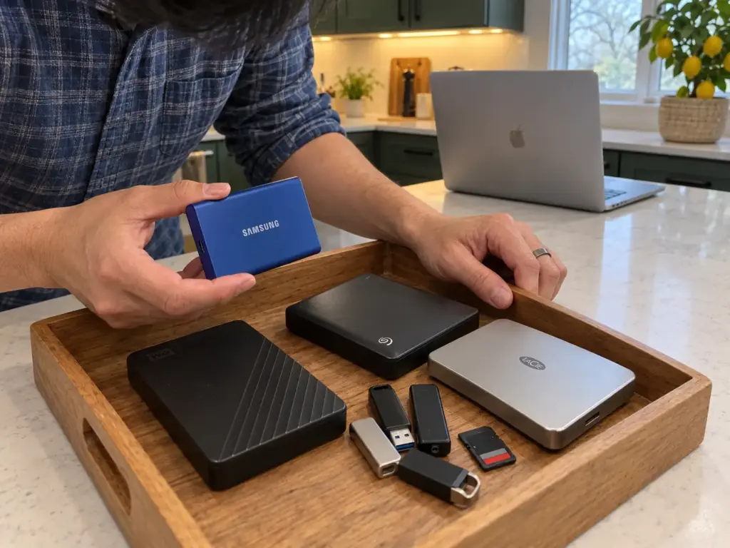 A man's hands hold a blue portable SSD above a tray of old external drives and memory sticks on a kitchen island